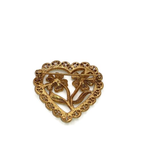 Romantic Openwork Heart Brooch with Two Flowers - Picture 3 of 6